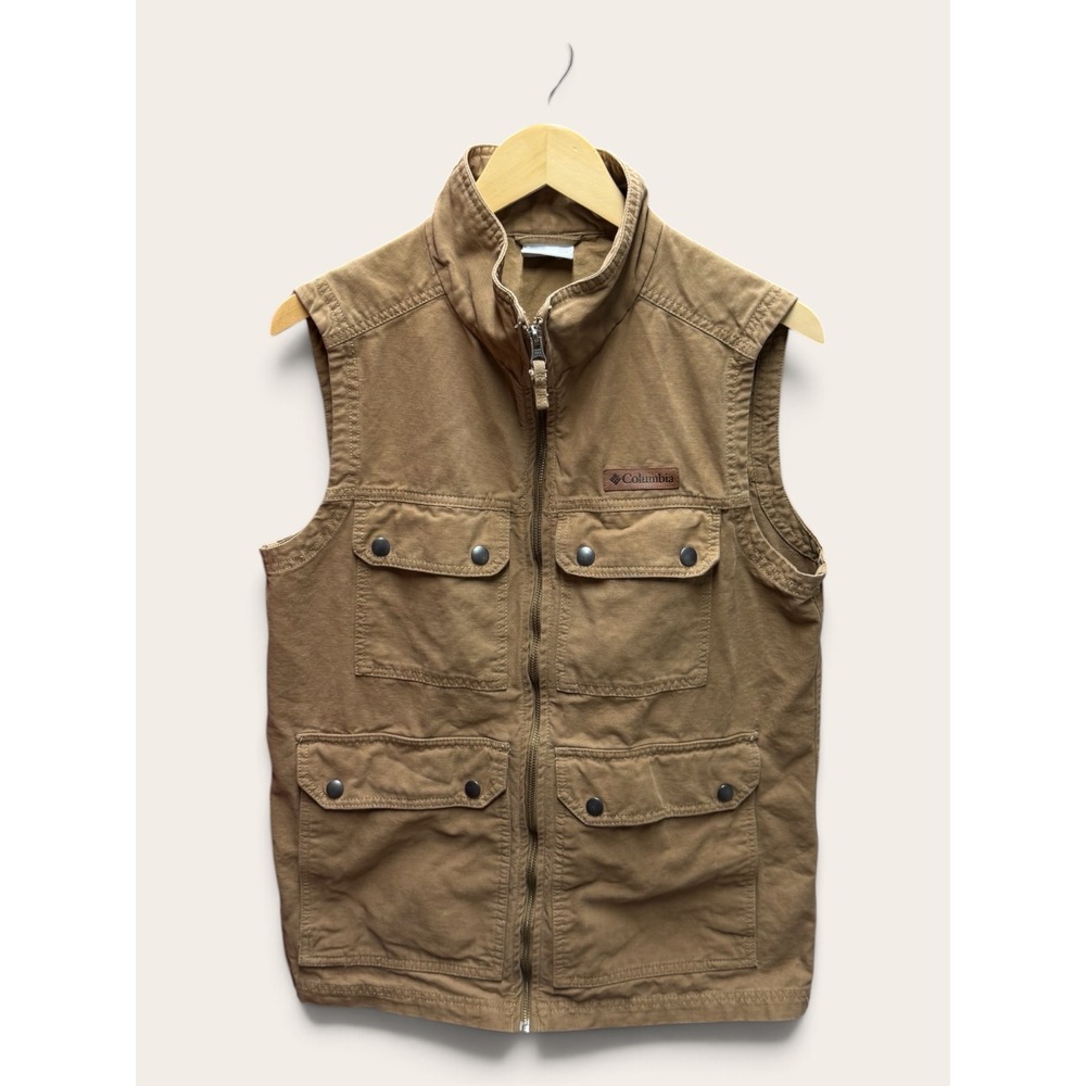 Columbia Mens Utility Vest Tan Brown Canvas Full Zip Cargo Pockets Small